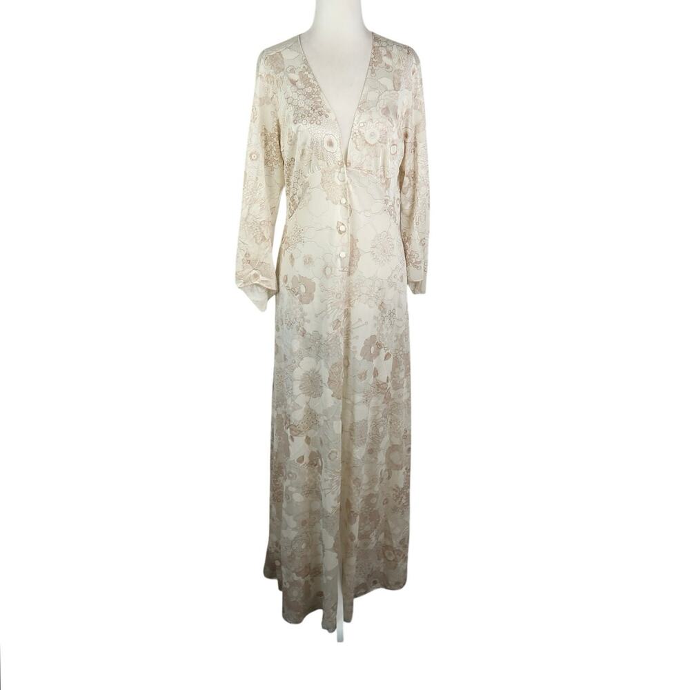 Vintage 70s Sears Cream and Brown Floral Duster Robe Peignoir House Coat